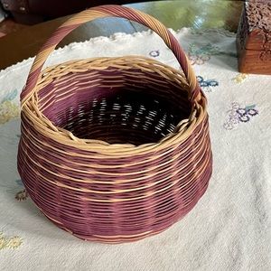 Vintage Hand Woven Round Reed Basket. Purple and Natural Color Striped. 9"x 9"